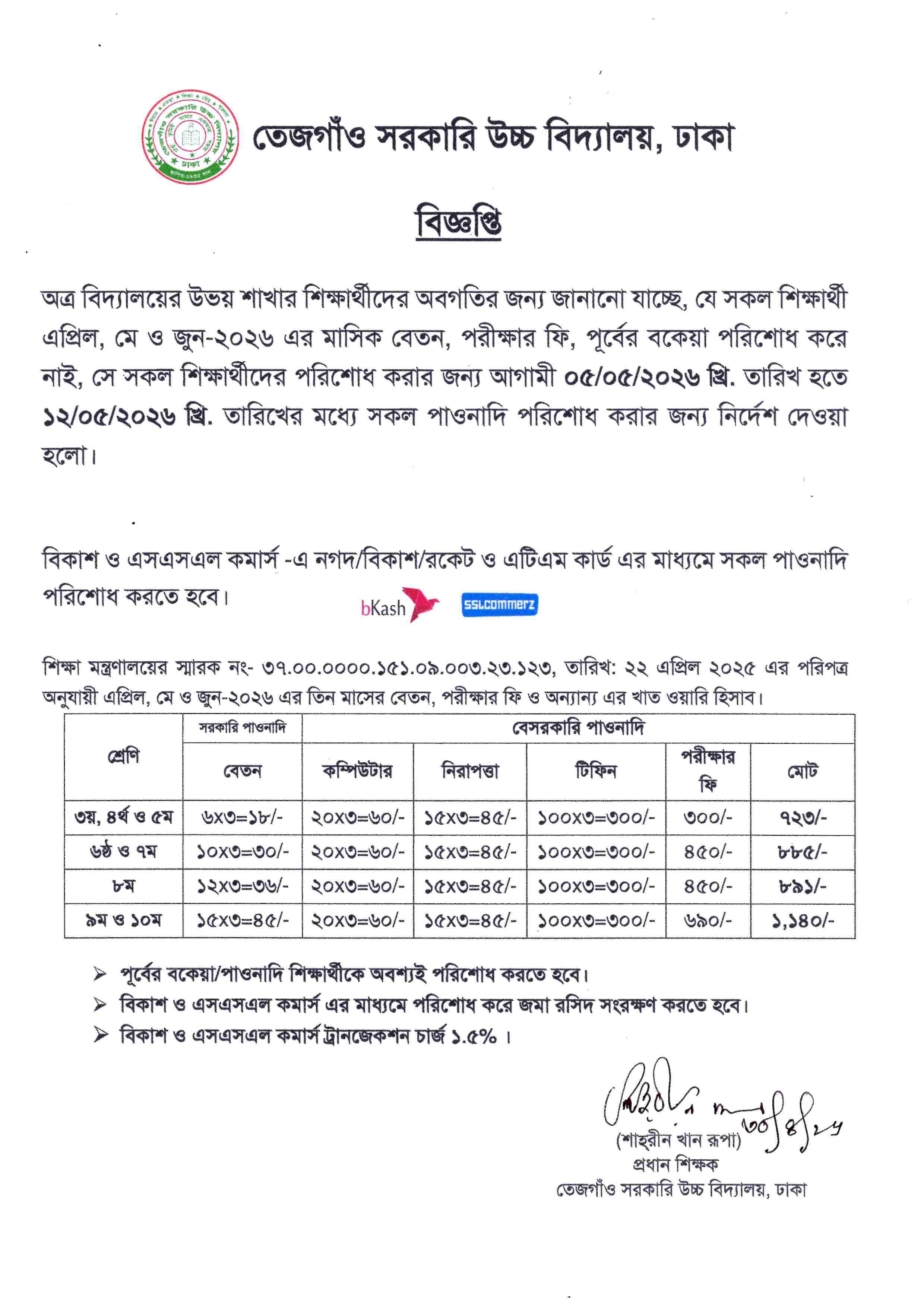 এপ্রিল, মে ও জুন মাসের বেতন ও অন্যান্য পাওনাদি আদায় সংক্রান্ত নোটিশ